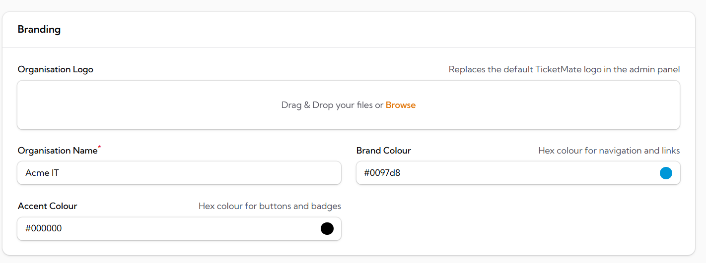 Custom branding configuration, upload logo and set brand colours
